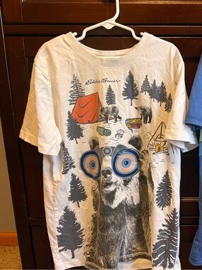 Eddie Bauer White Bear & Camping Graphic Tee and Blue Striped Tee Set